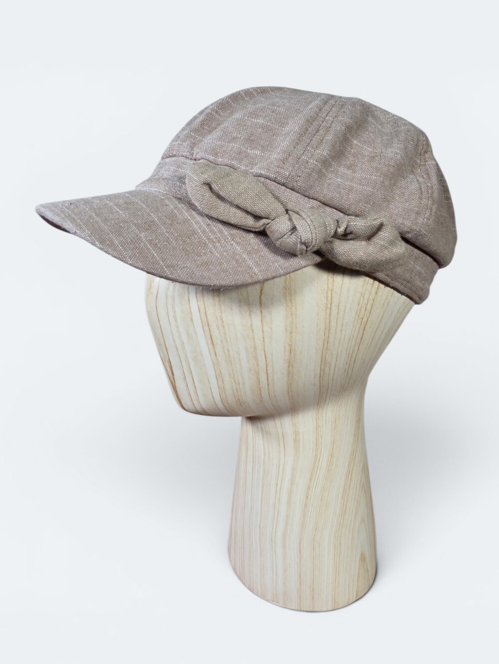 Time & Tru Linen-Look Newsboy Cap with Side Bow – Tan/Beige Cabbie Hat